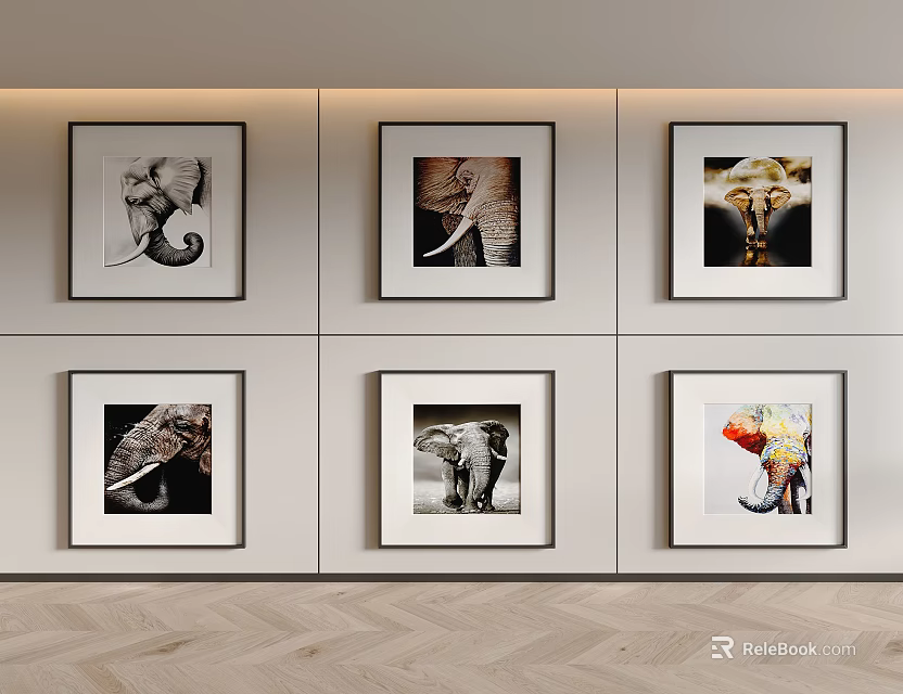 Framed Elephant Wall Art Collection Displayed On White Wall With Various Styles 3d model 