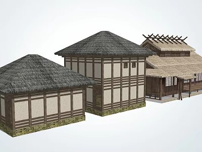 Traditional Japanese Style Buildings With Thatched Roofs And Wooden Structures 3d model