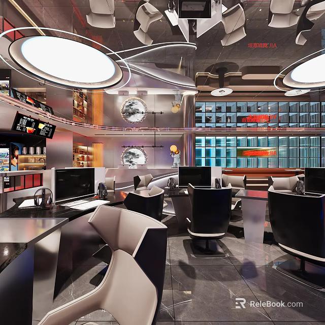 Modern Cybercafe Interior With Computers Comfortable Seating And Ceiling Lights 3d model 