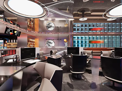 Modern Cybercafe Interior With Computers Comfortable Seating And Ceiling Lights 3d model