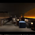 Elegant Bar Interior Design With Orange Circular Patterned Wall Warm Lighting Sofa And Armchair 3d model