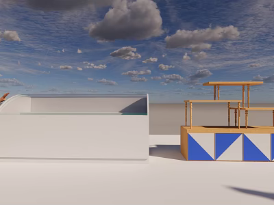 Modern White Mall Counter Open Style With Wooden Structure Blue Geometric Patterns Display Stand 3d model