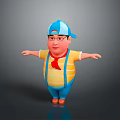 3D Man Wearing Blue Cap Glasses Yellow Striped T-Shirt Red Scarf Blue Suspenders Arms Outstretched