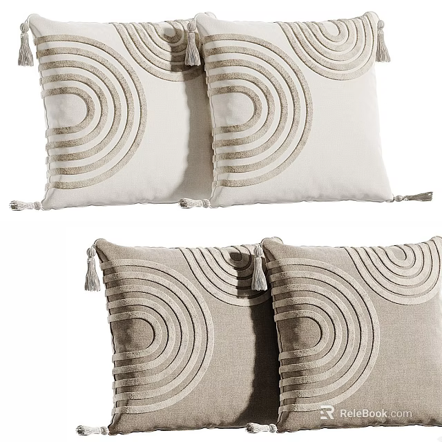 Soft Decorative Pillows Featuring Concentric Circle Patterns In Beige Cream Tones With Tassel Accents 3d model 
