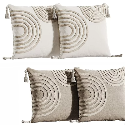 Soft Decorative Pillows Featuring Concentric Circle Patterns In Beige Cream Tones With Tassel Accents 3d model