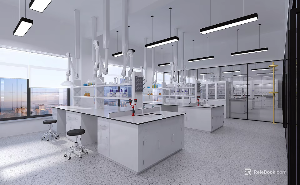 Modern Laboratory Interior Design With Workbench Fume Hoods And Overhead Lighting 3d model 