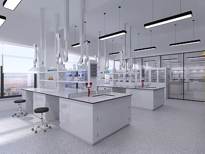 Modern Laboratory Interior Design With Workbench Fume Hoods And Overhead Lighting 3d model