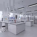 Modern Laboratory Interior Design With Workbench Fume Hoods And Overhead Lighting
