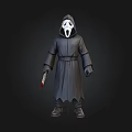 Eerie Horror Character Wearing Black Robe With White Mask And Bloody Knife