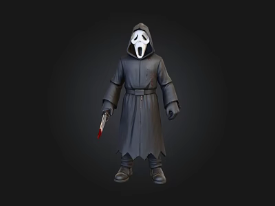 Eerie Horror Character Wearing Black Robe With White Mask And Bloody Knife 3d model