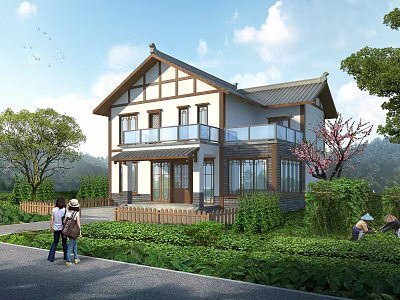 Traditional Chinese Style Two Story House With Tile Roof And Green Surroundings 3d model