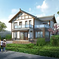 Traditional Chinese Style Two Story House With Tile Roof And Green Surroundings