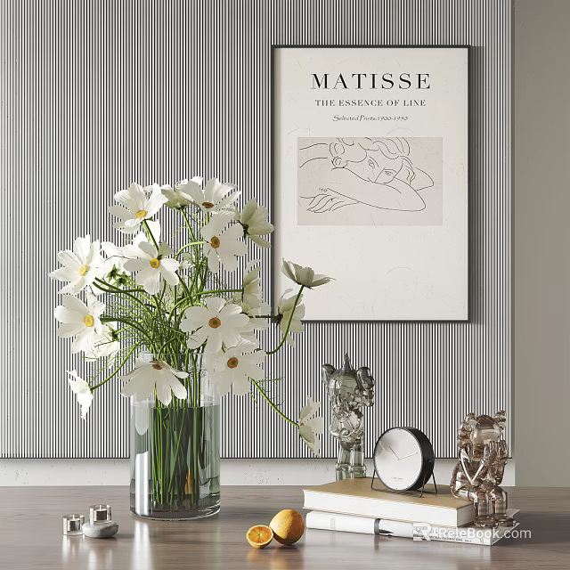 Decorative Ornament Set With White Flower Vase Matisse Poster Metal Ornaments And Striped Wall 3d model 