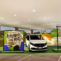 Public Office Area With New Energy Vehicle Display Green Lawn Tent Seats And Signboard