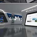 Tech Savvy Modern Exhibition Hall With Blue Display Screens Interactive Installations And Information Charts