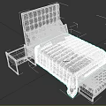 Double Bed with Black Tufted Headboard Green Quilted Bedspread Beige Striped Pillows Nightstand and Footstool