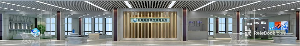Modern Front Desk Reception Area With Wooden Slat Wall And Company Signage 3d model 