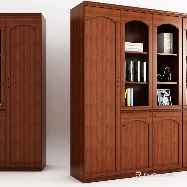 Elegant Wooden Bookcase With Glass Doors Containing Books Photo Frame And Decorative Items 3d model 