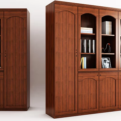 Elegant Wooden Bookcase With Glass Doors Containing Books Photo Frame And Decorative Items 3d model