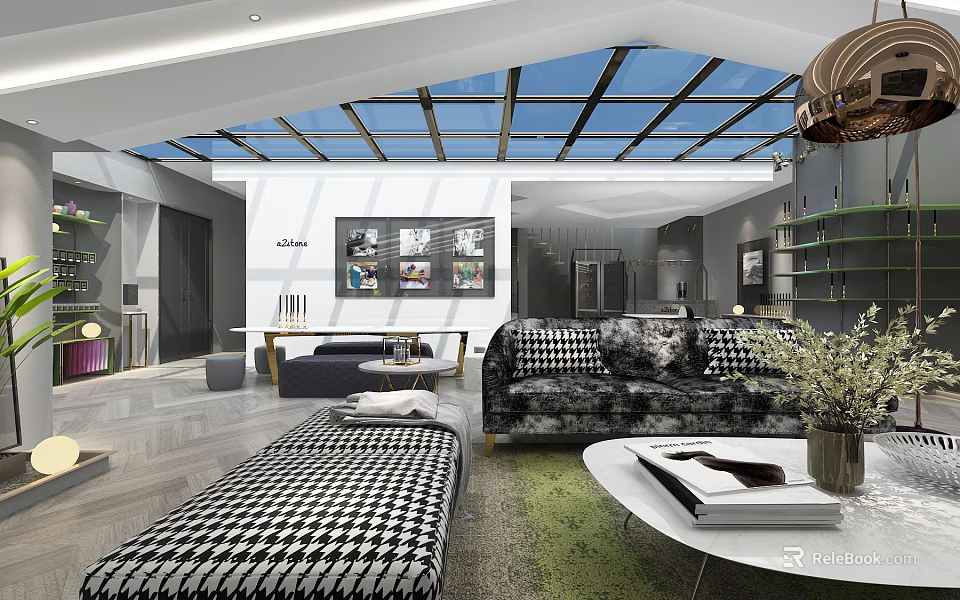 Modern Clubhouse Interior With Skylight And Stylish Furniture 3d model 