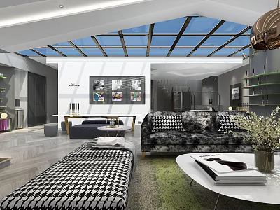 Modern Clubhouse Interior With Skylight And Stylish Furniture 3d model