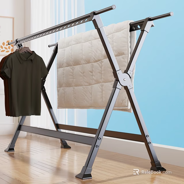 Sturdy Metal Foldable Clothes Drying Rack With Hanging T Shirt And Quilt 3d model 