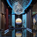 Modern Store Front Desk Featuring Unique Ceiling Lighting and Decorative Wall Art 3d model