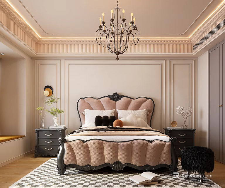 Elegant Bedroom Interior With Beige Paneled Walls Pink Tufted Headboard Black Chandelier And Checkered Rug 3d model 