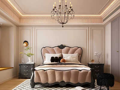Elegant Bedroom Interior With Beige Paneled Walls Pink Tufted Headboard Black Chandelier And Checkered Rug 3d model