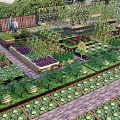Organic Vegetable Garden Landscape With Wooden Planters Various Vegetables Signs And Fence
