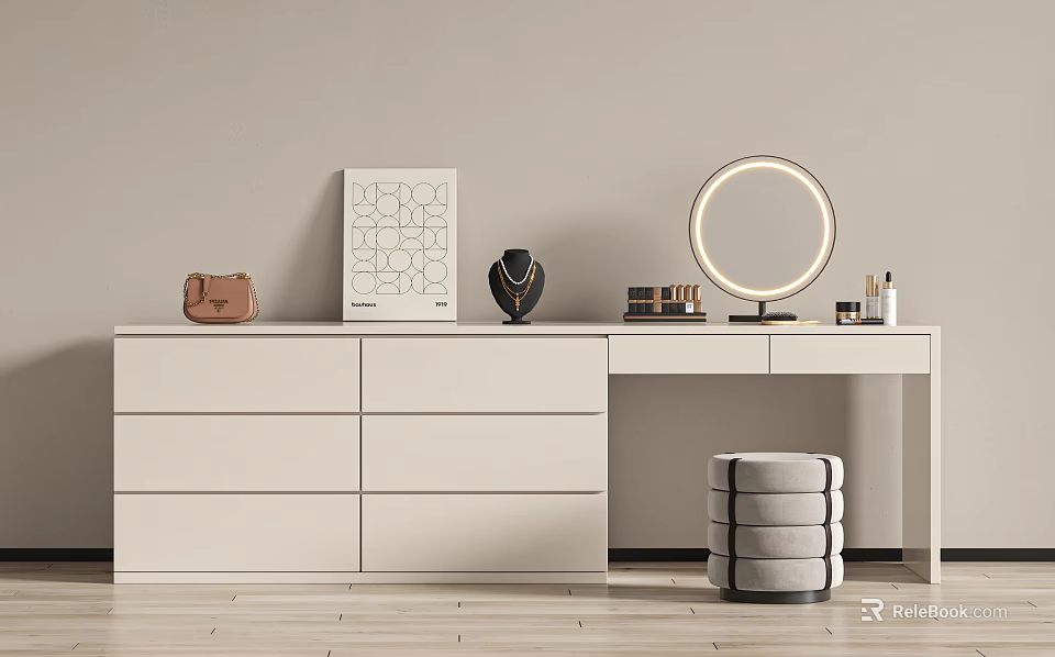White Vanity Table With Illuminated Round Mirror Decorative Print And Gray Stool 3d model 