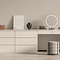 White Vanity Table With Illuminated Round Mirror Decorative Print And Gray Stool