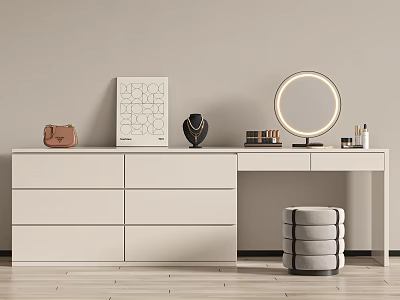 White Vanity Table With Illuminated Round Mirror Decorative Print And Gray Stool 3d model
