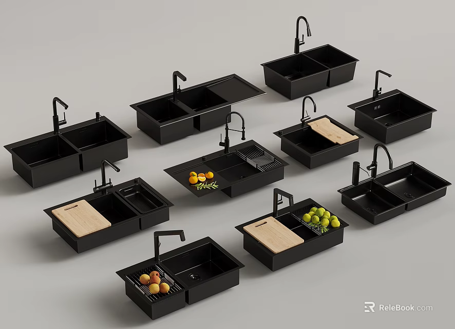 Multiple Black Kitchen Sinks With Cutting Boards And Fruit Storage 3d model