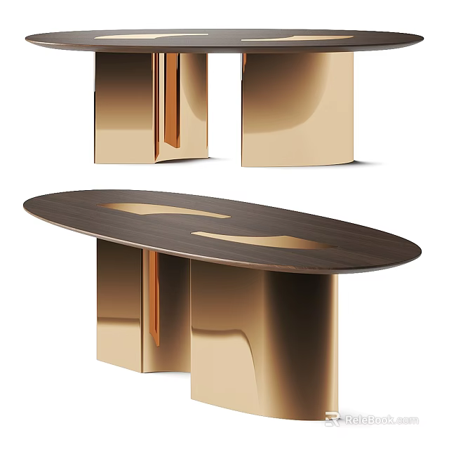 Modern Oval Dining Table With Wooden Top And Metallic Copper Legs Design 3d model 