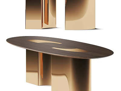 Modern Oval Dining Table With Wooden Top And Metallic Copper Legs Design 3d model