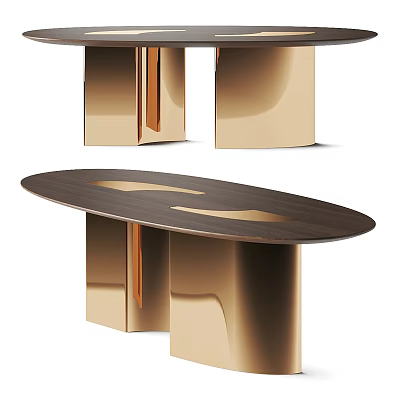 Modern Oval Dining Table With Wooden Top And Metallic Copper Legs Design 3d model