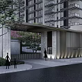 Modern High Rise Building Exterior with Vertical Grille Entrance Stone Path and Trees