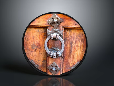 Ancient Circular Wooden Shield Weapon with Ornate Metal Decorations and Ring 3d model