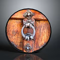 Ancient Circular Wooden Shield Weapon with Ornate Metal Decorations and Ring