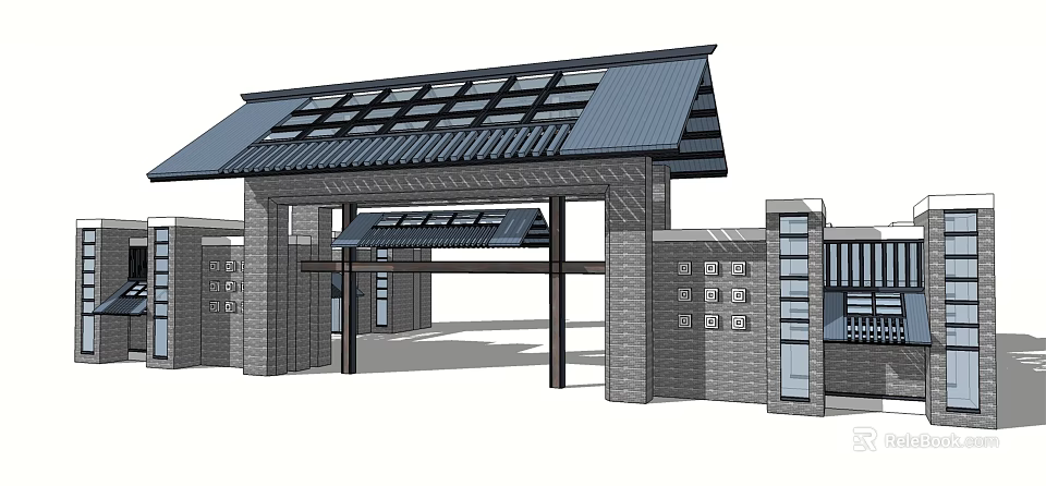 Modern Entrance Gate Design With Brick Structure Dark Tiled Roof And Solar Panels 3d model 