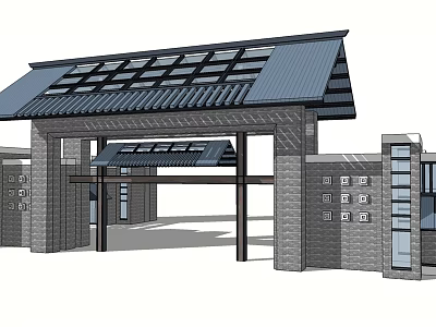 Modern Entrance Gate Design With Brick Structure Dark Tiled Roof And Solar Panels 3d model
