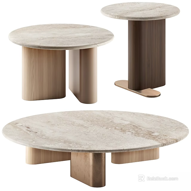 Round Marble Top Dining Table With Modern Wooden Legs And Metal Support Base Design 3d model