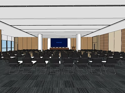 Spacious Modern Conference Room Interior With Large Blue Screen And Arranged Chairs 3d model