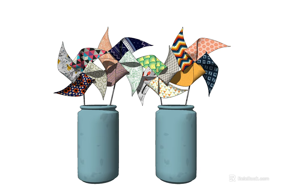 Colorful Decorative Ornament Set with Blue Jars and Multiple Pinwheels for Home Decor 3d model 
