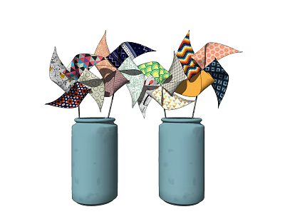 Colorful Decorative Ornament Set with Blue Jars and Multiple Pinwheels for Home Decor 3d model
