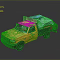 Yellow Pickup Truck With Open Cargo Bed Covered By Green And Blue Tarps