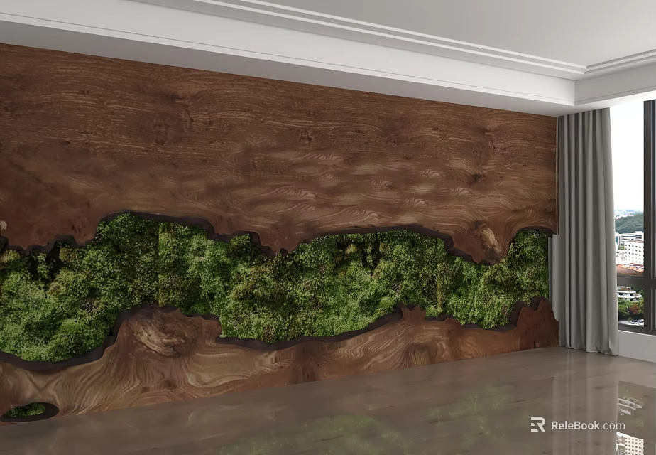 Natural Wooden Background Wall With Green Moss Decor And Textured Surface 3d model 