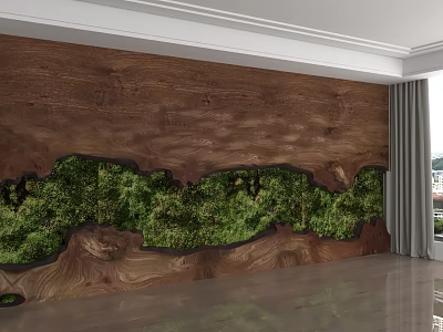 Natural Wooden Background Wall With Green Moss Decor And Textured Surface 3d model