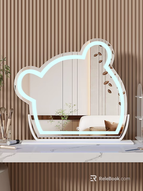 Cute Bear Shaped Mirror With Blue Neon Light And Wooden Striped Wall Background 3d model 
